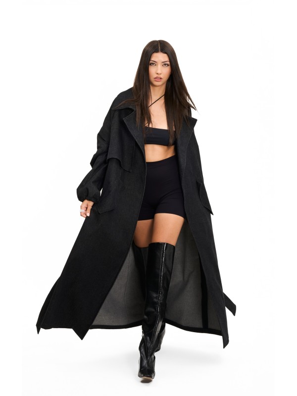 Trencz maxi oversize denim washed black