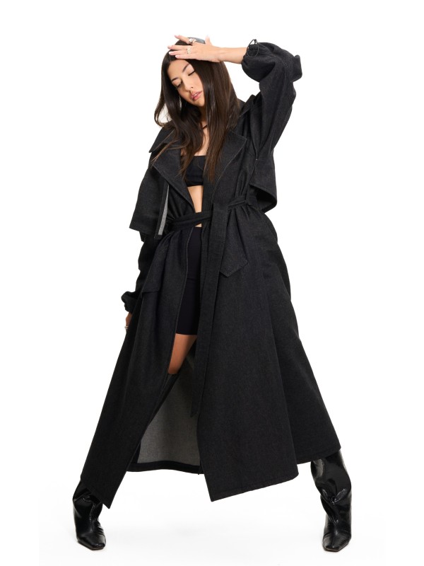 washed black denim maxi trench