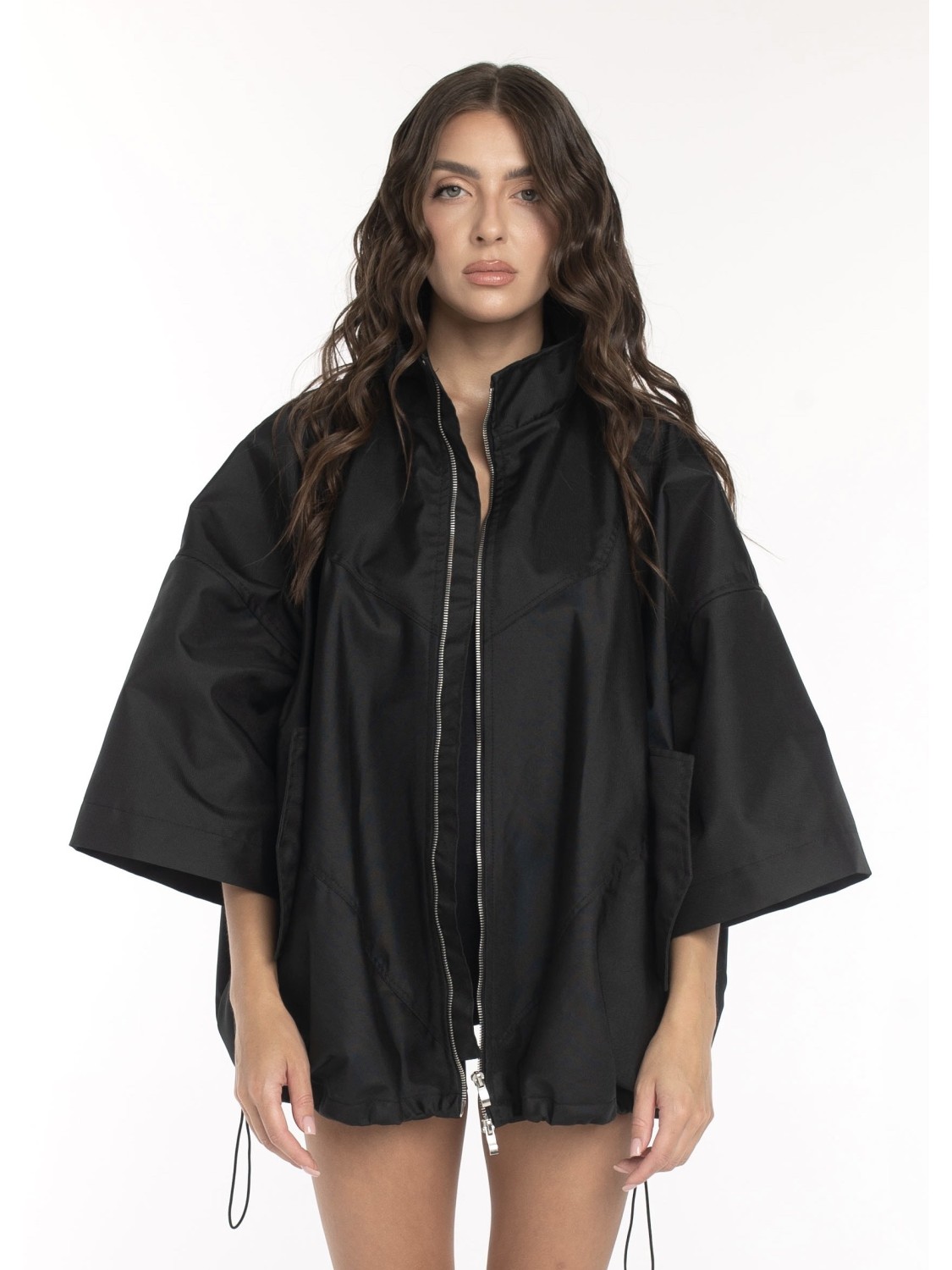 Bomber collar jacket with open sleeves in black