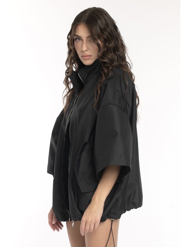 Bomber collar jacket with open sleeves in black