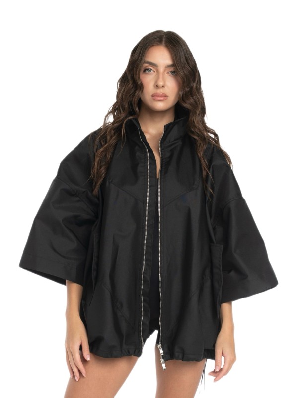 Bomber collar jacket with open sleeves in black