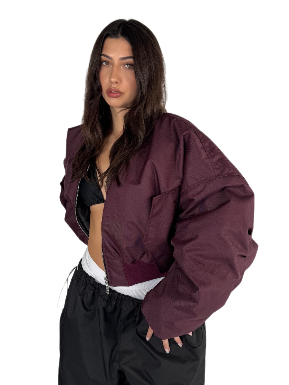 Shorty oversized bomber jacket in burgundy