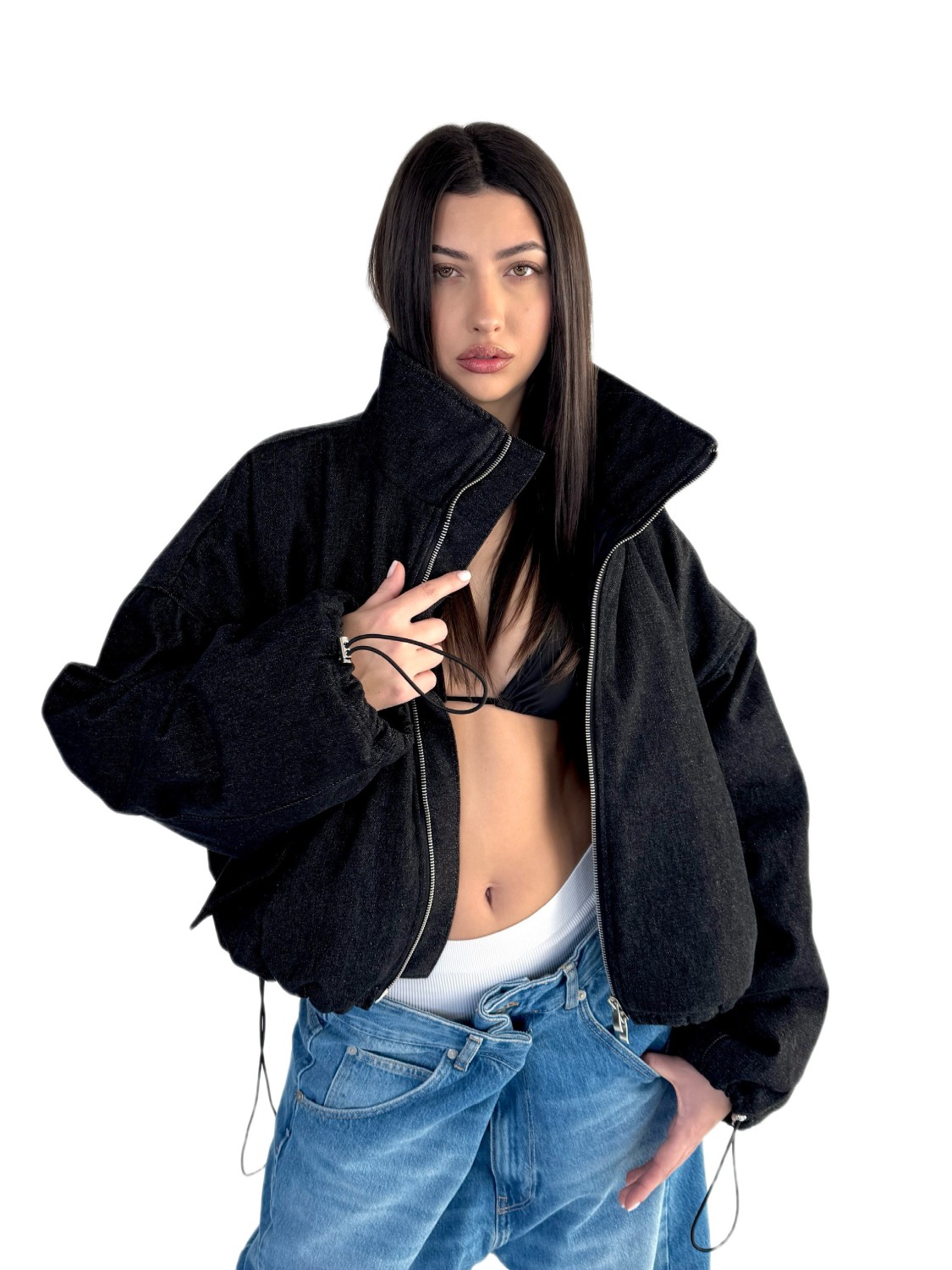 Krótka kurtka bomber denim washed black