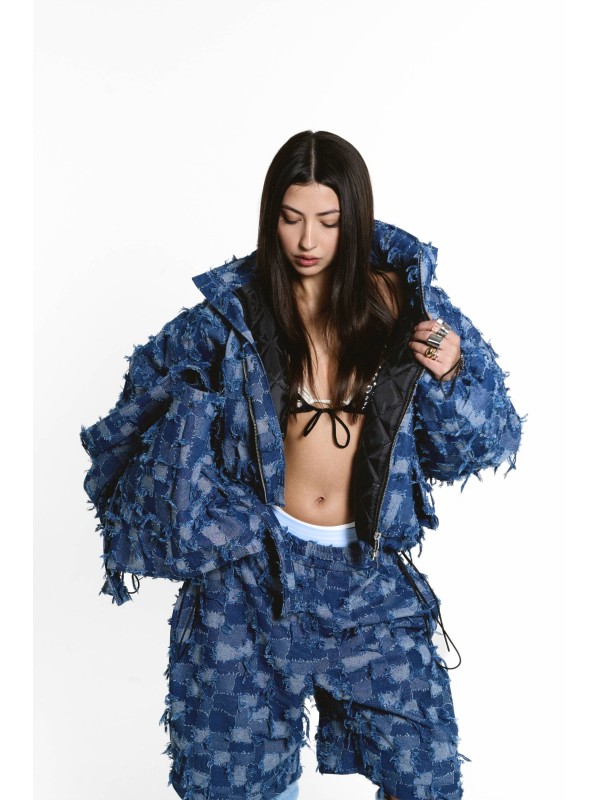 patchwork denim shorty bomber