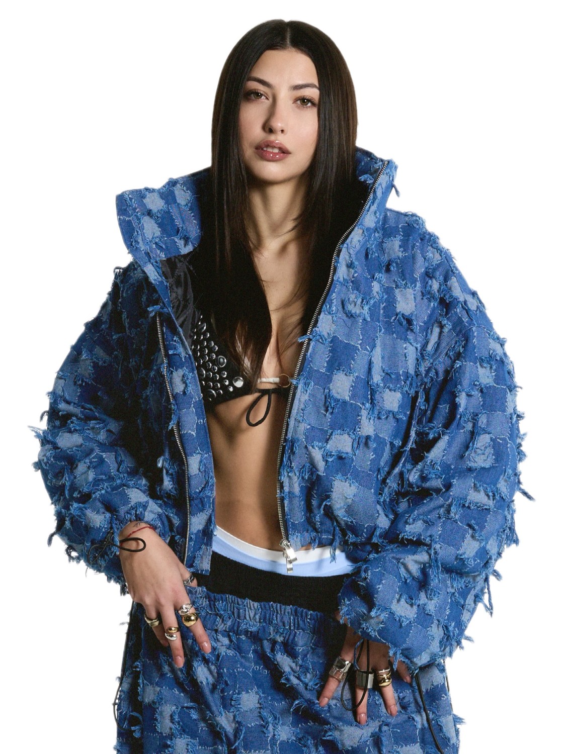 patchwork denim shorty bomber