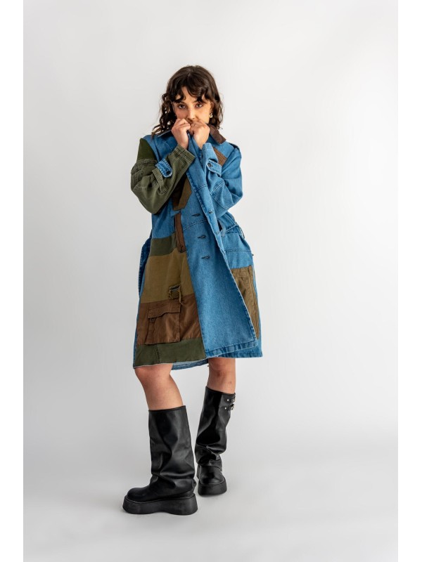 PŁASZCZ TRENCZ JEANS PATCHWORK KHAKI