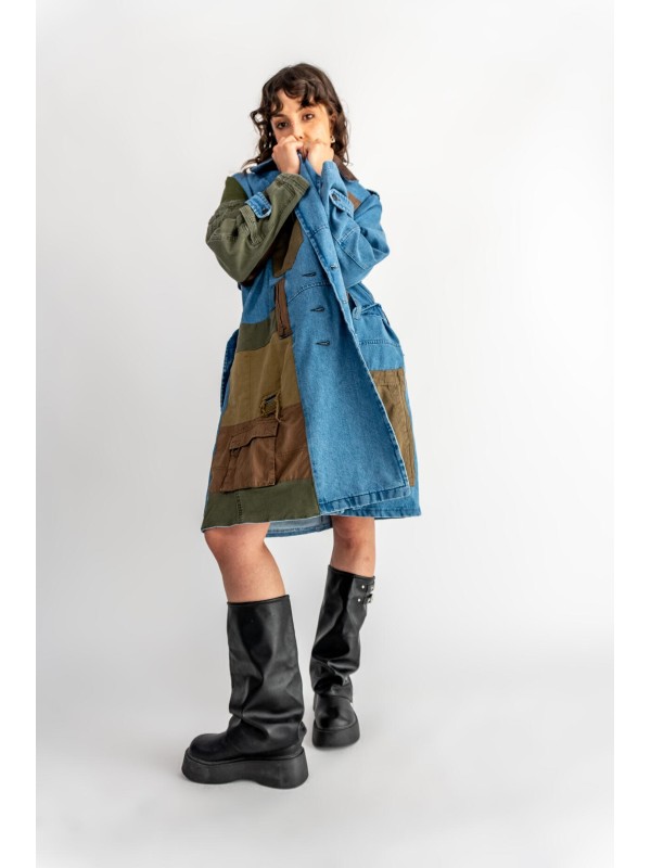 PŁASZCZ TRENCZ JEANS PATCHWORK KHAKI