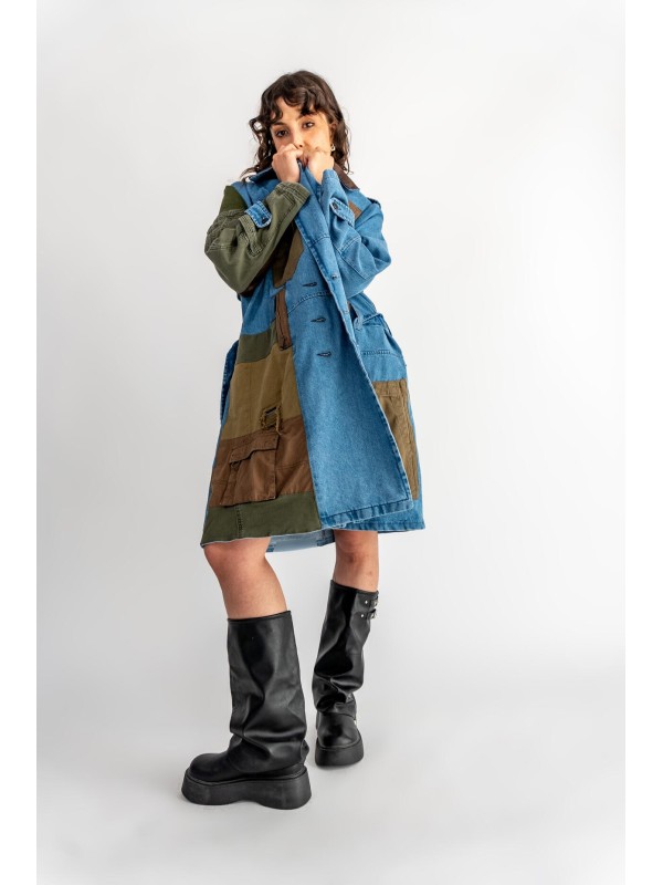PŁASZCZ TRENCZ JEANS PATCHWORK KHAKI