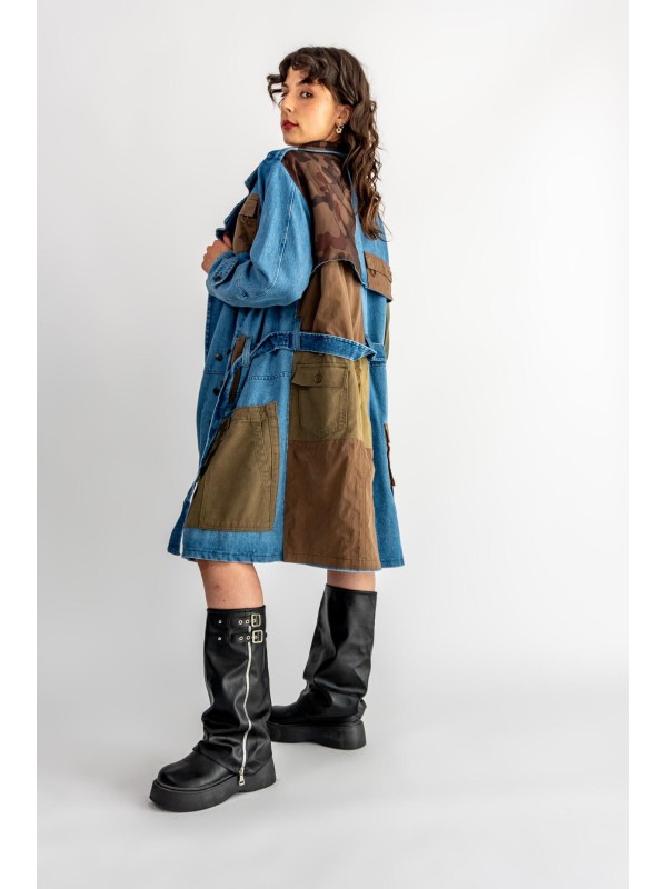 PŁASZCZ TRENCZ JEANS PATCHWORK KHAKI