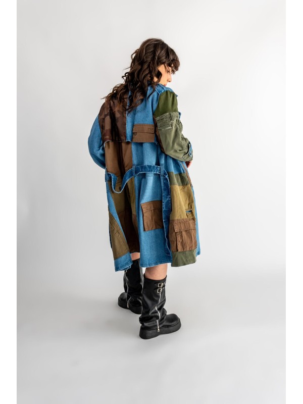 PŁASZCZ TRENCZ JEANS PATCHWORK KHAKI