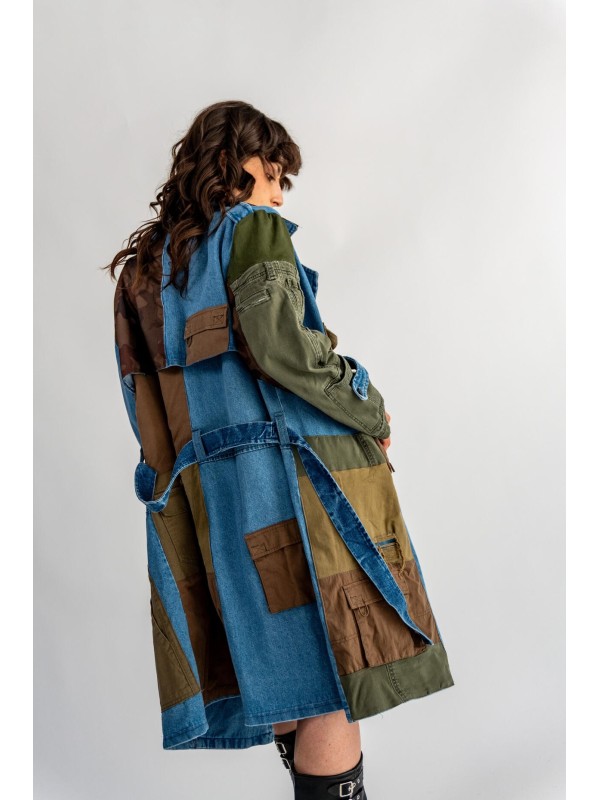 PŁASZCZ TRENCZ JEANS PATCHWORK KHAKI