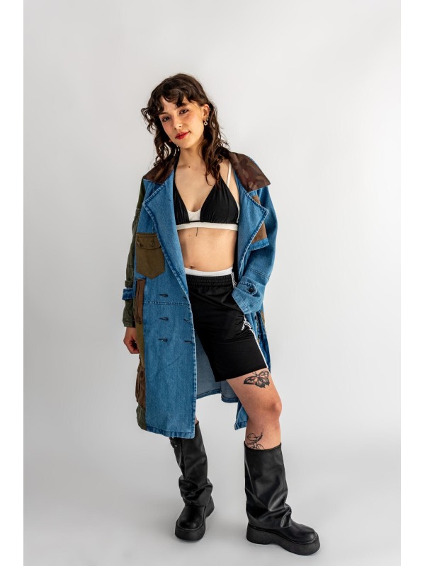 PŁASZCZ TRENCZ JEANS PATCHWORK KHAKI