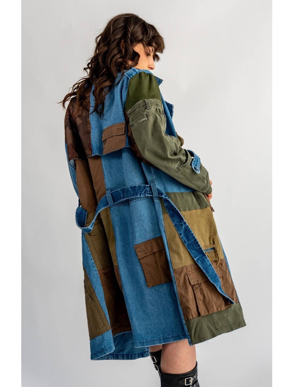PŁASZCZ TRENCZ JEANS PATCHWORK KHAKI