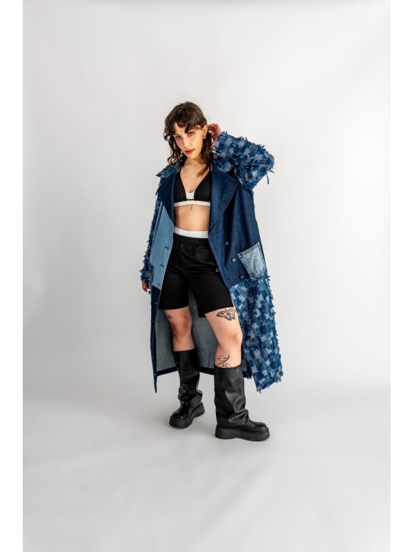 PŁASZCZ JEANS PATCHWORK NIEBIESKI