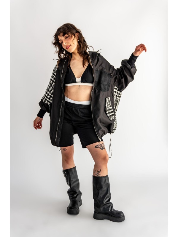 BOMBER HOODIE CZARNA ŁATY WEŁNA