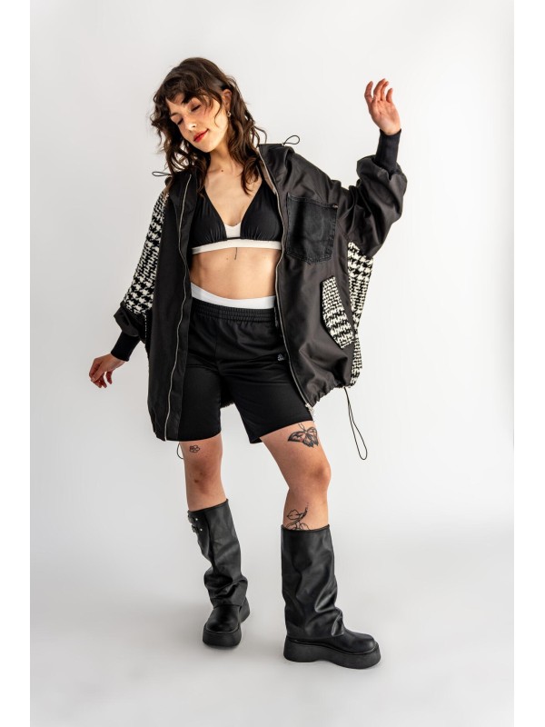 BOMBER HOODIE CZARNA ŁATY WEŁNA