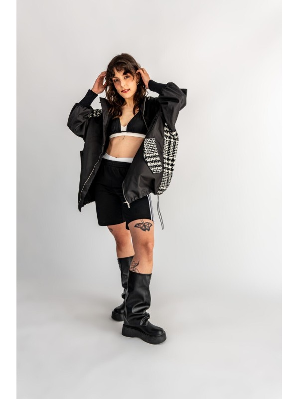 BOMBER HOODIE CZARNA ŁATY WEŁNA