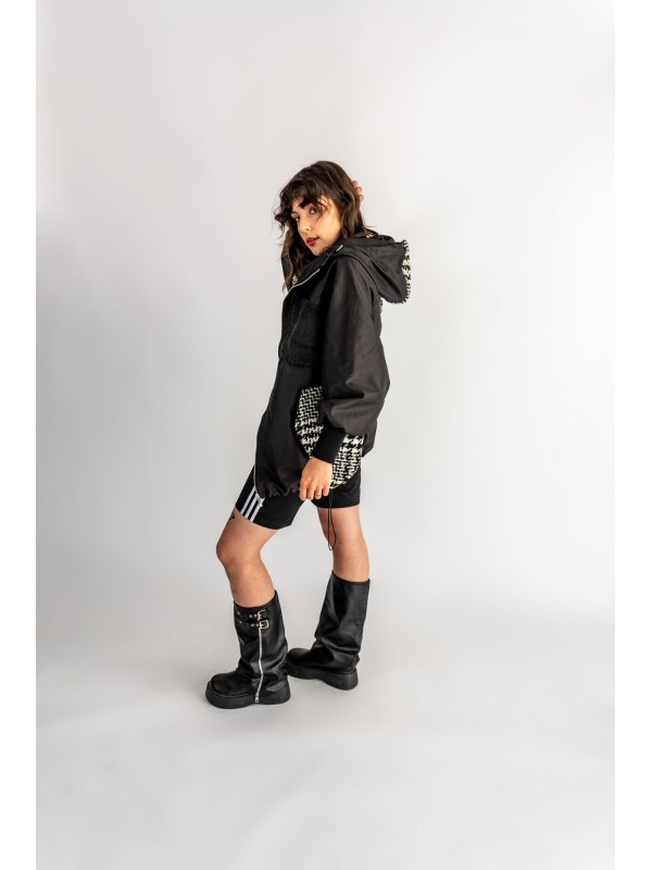 BOMBER HOODIE CZARNA ŁATY WEŁNA