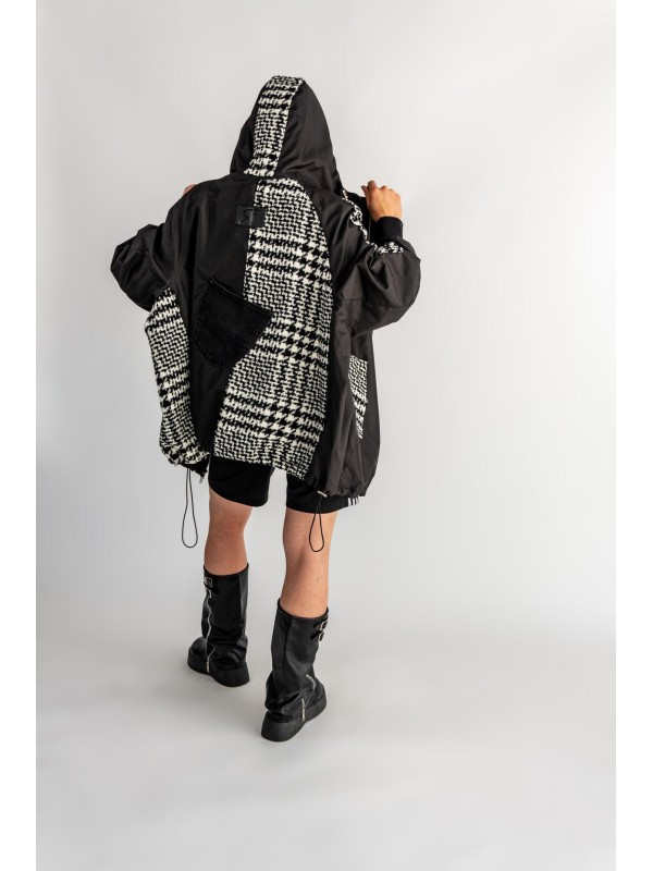 BOMBER HOODIE CZARNA ŁATY WEŁNA