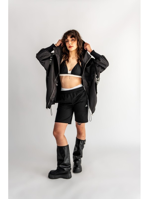 BOMBER HOODIE CZARNA ŁATY WEŁNA