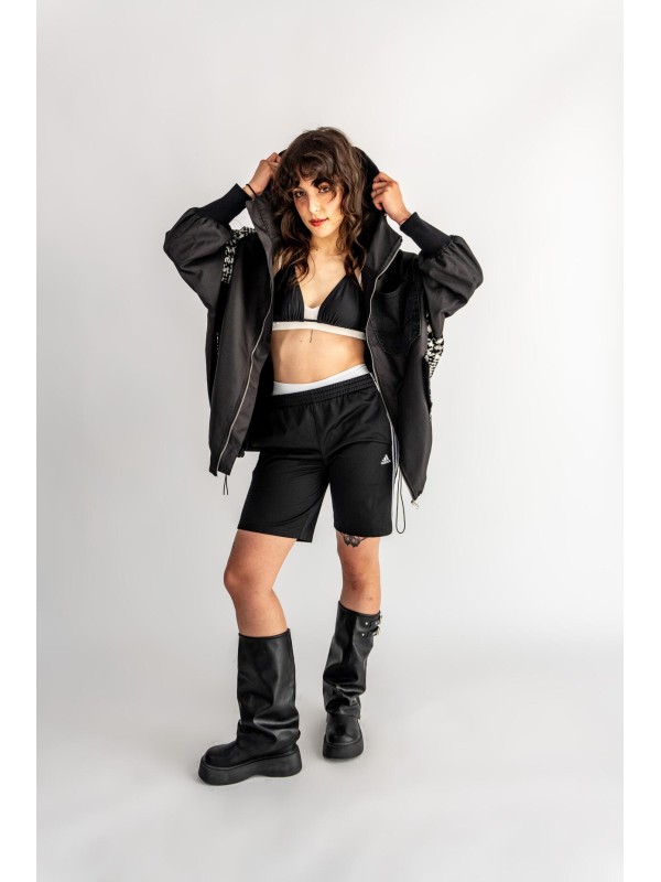 BOMBER HOODIE CZARNA ŁATY WEŁNA