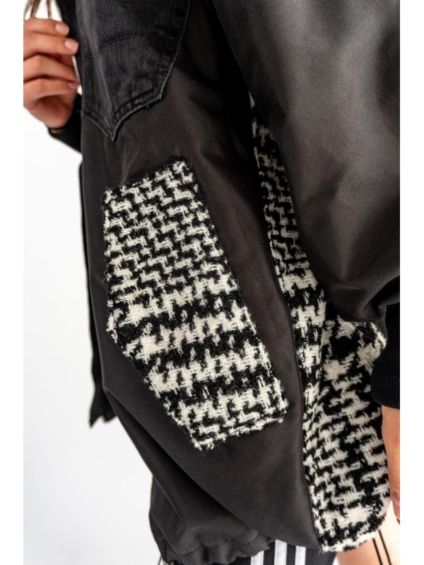 BOMBER HOODIE CZARNA ŁATY WEŁNA